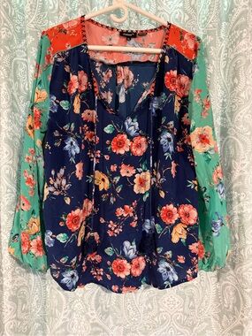 Floral Mixed-Print Peasant Blouse - Navy & Green